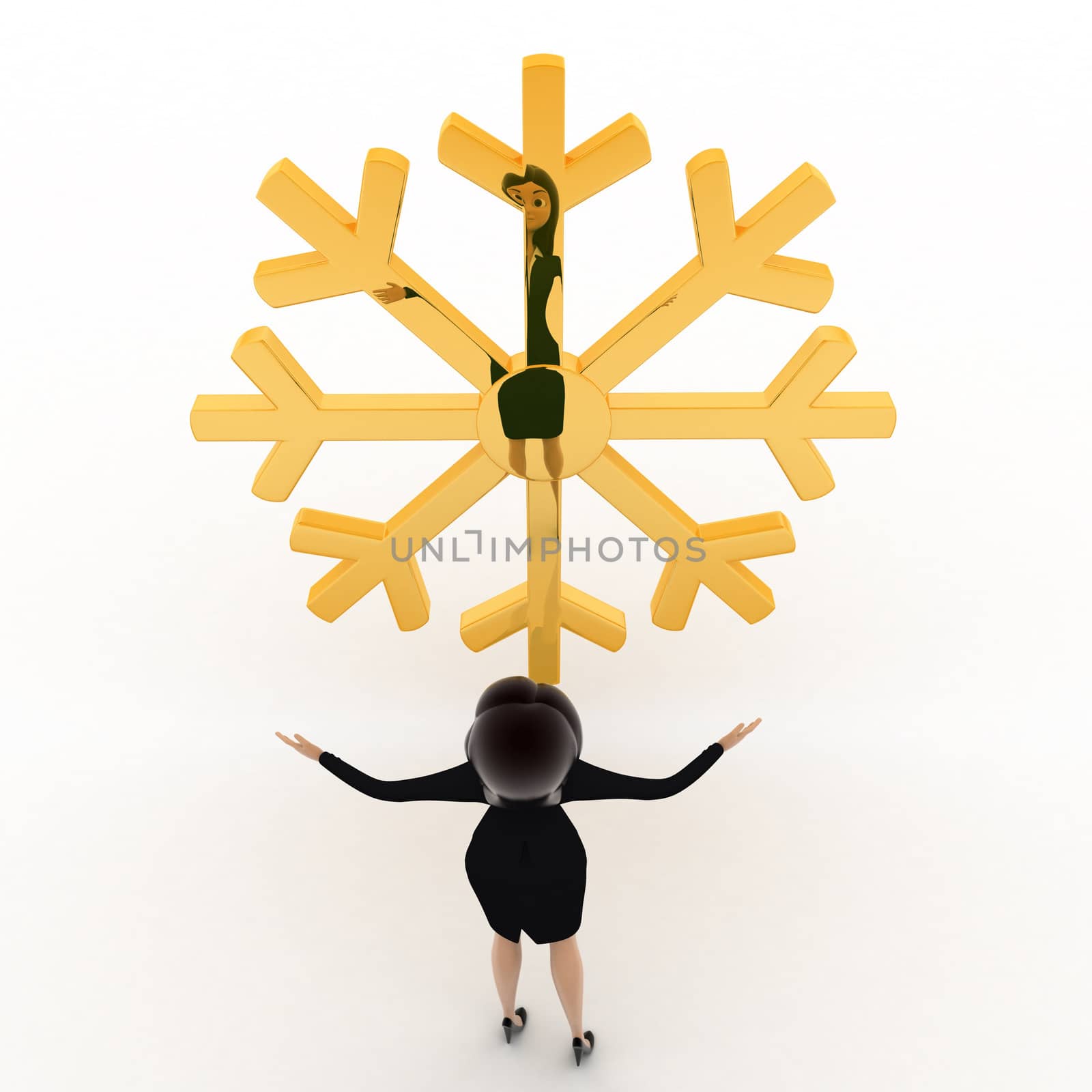 3d woman lookingat golden lucky winter symbol concept on white background, top angle view