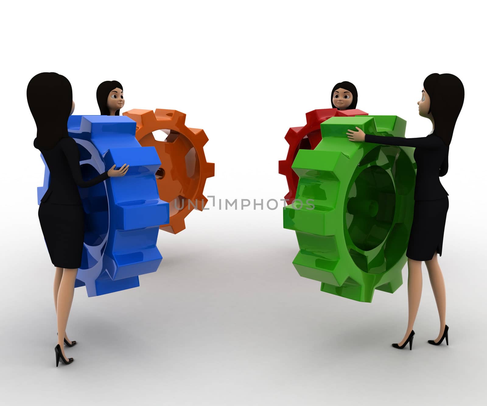 3d women holding colourful gear cogwheel concept by touchmenithin@gmail.com