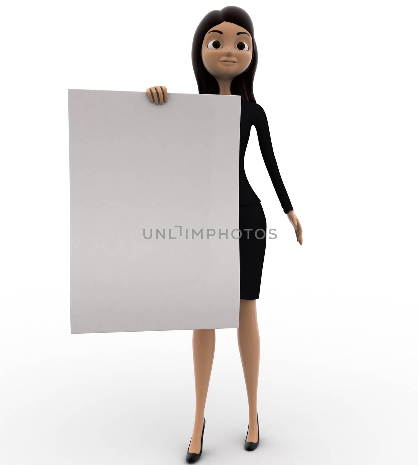 3d woman holding white empty paper and showing it concept on white background, front angle view