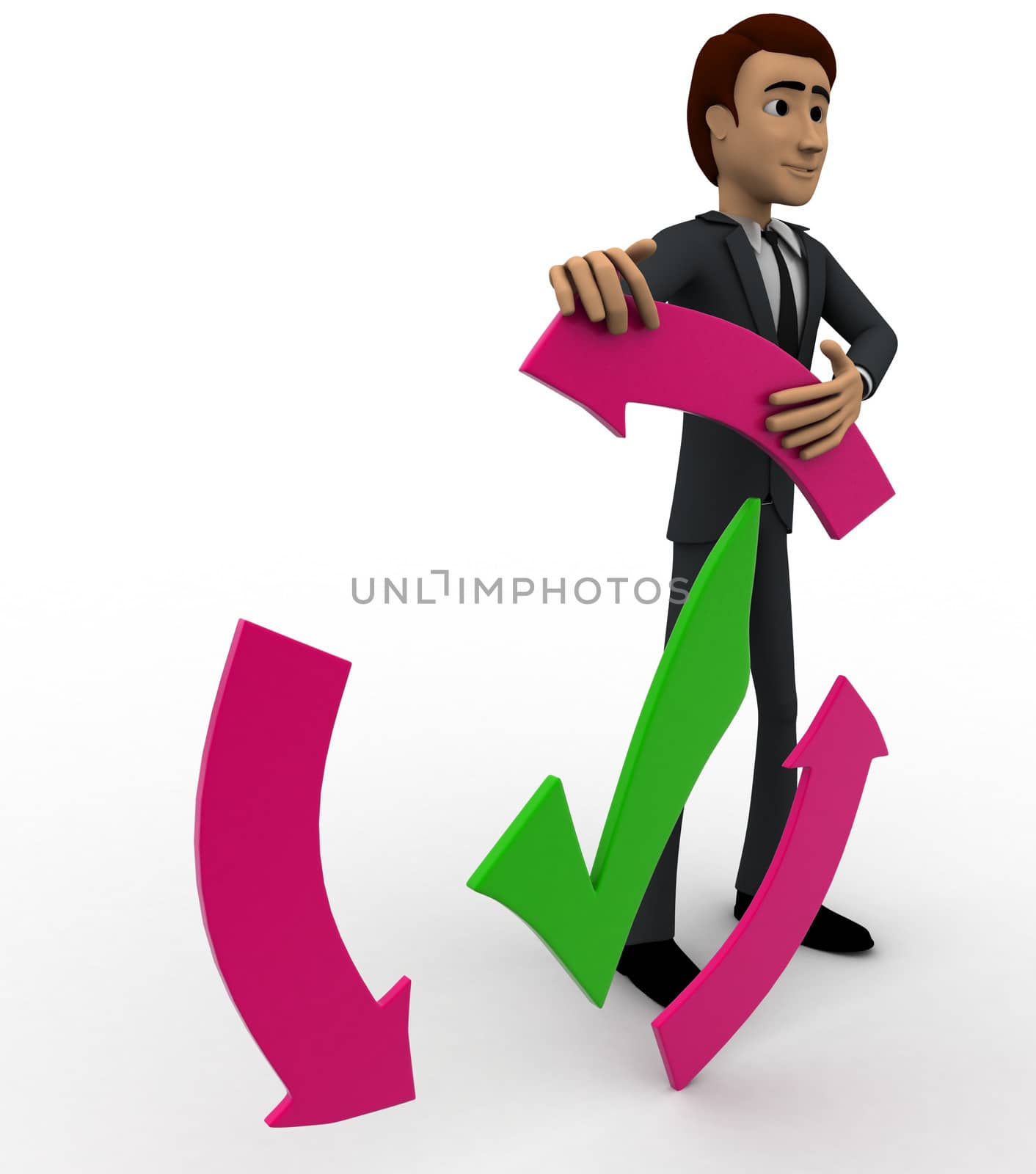 3d man with recycle arrow and correct symbol concept on white background, side angle view