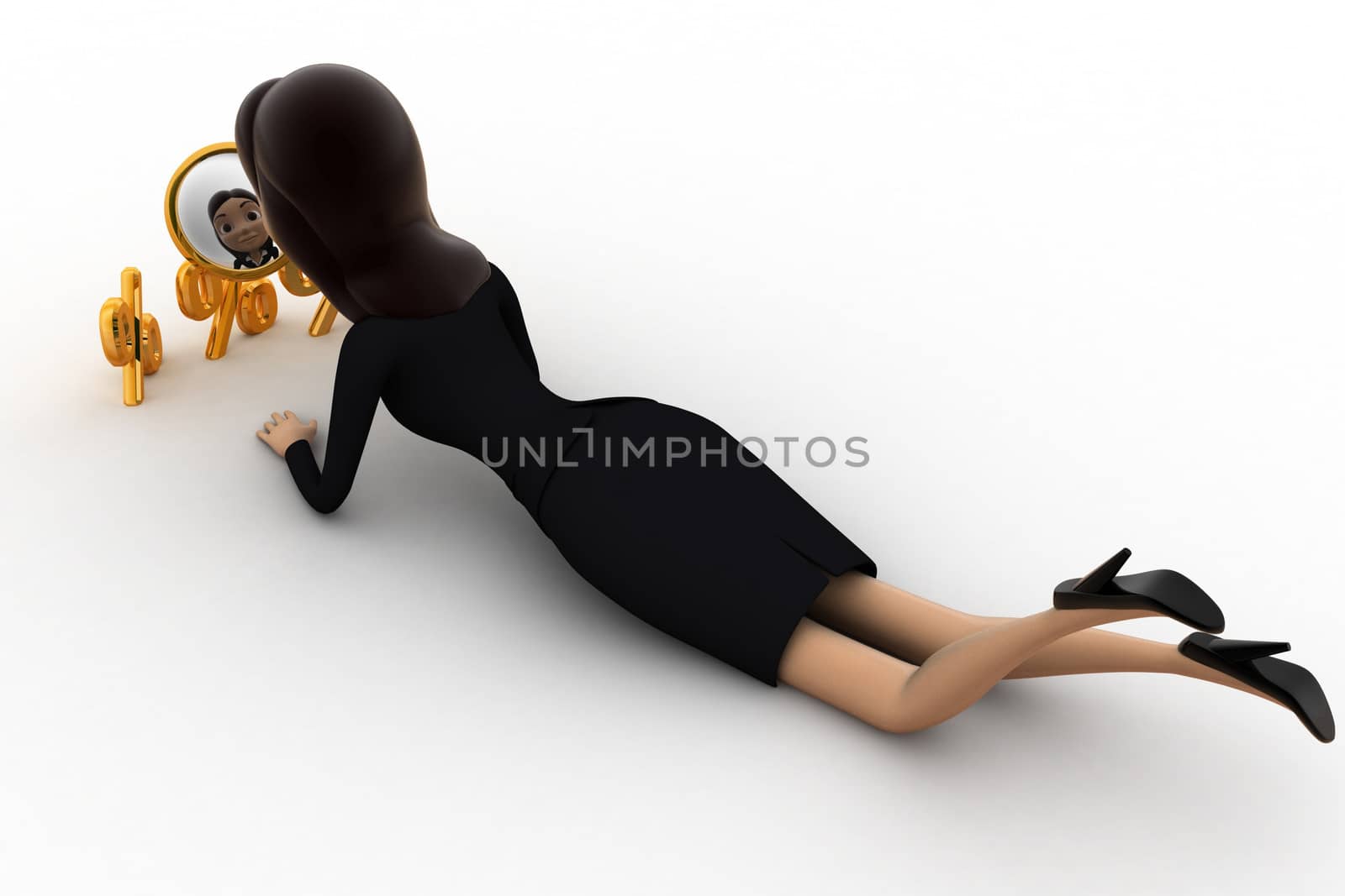 3d woman searching for percent giscount  using golden magnifying glass concept by touchmenithin@gmail.com