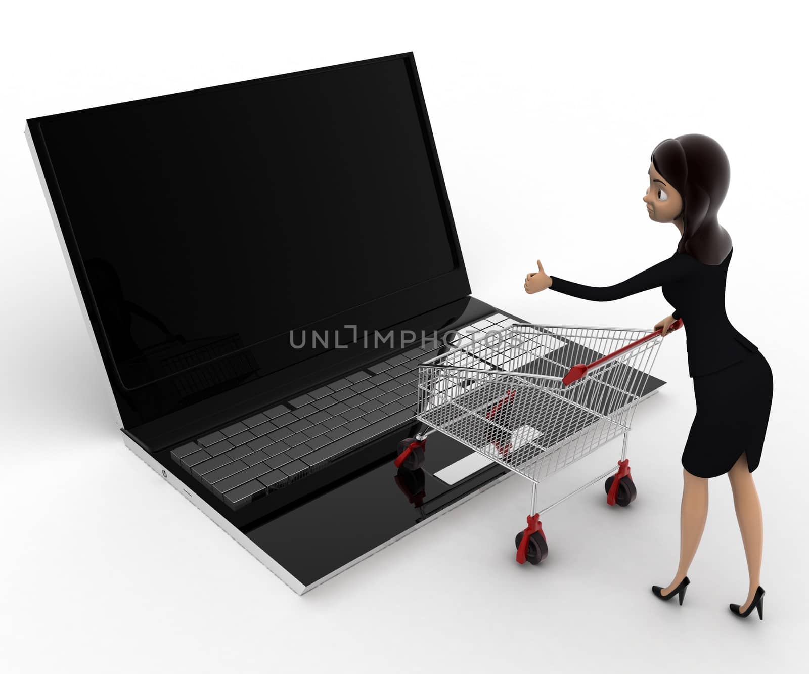 3d woman going for online shopping through laptop with cart concept by touchmenithin@gmail.com