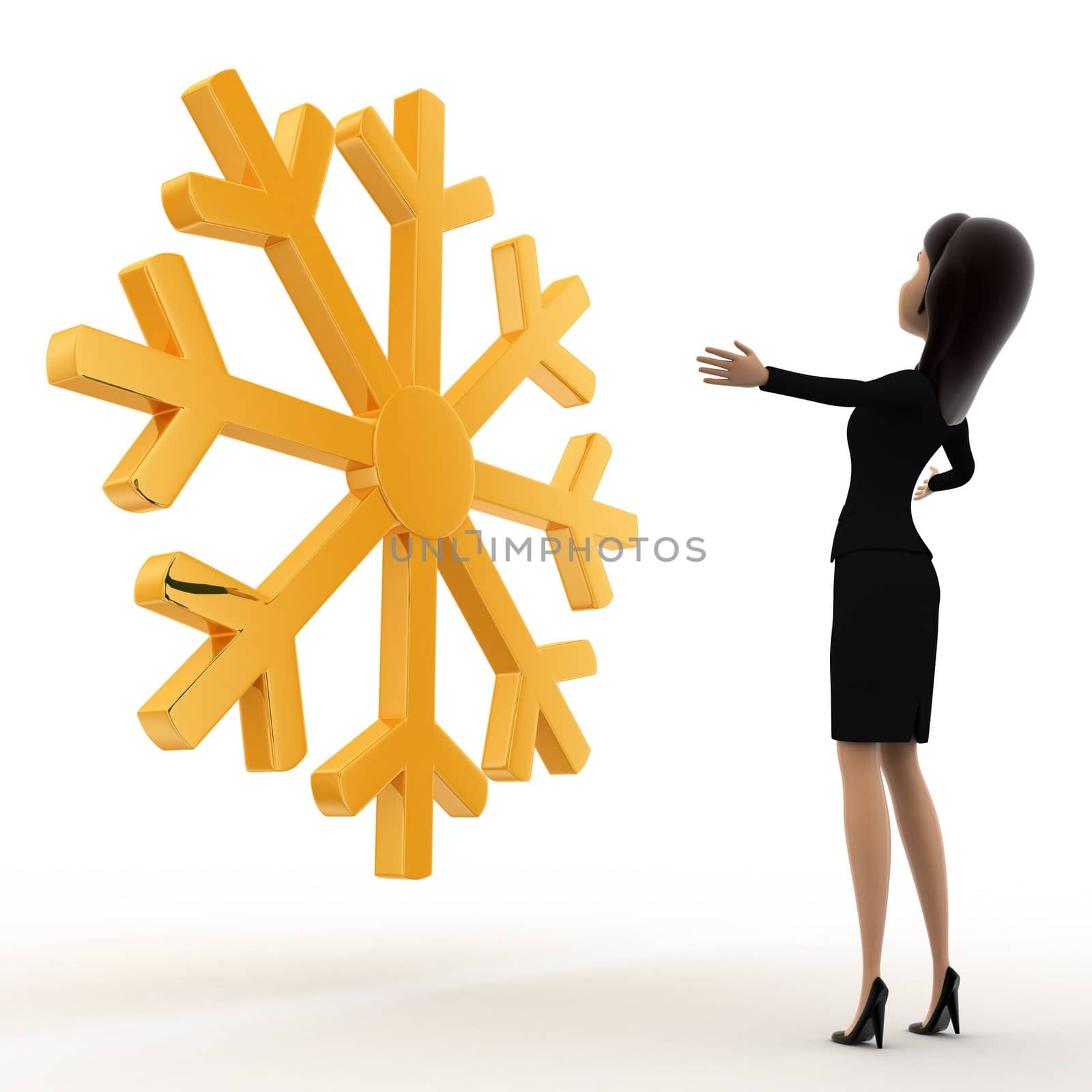 3d woman lookingat golden lucky winter symbol concept on white background, side angle view