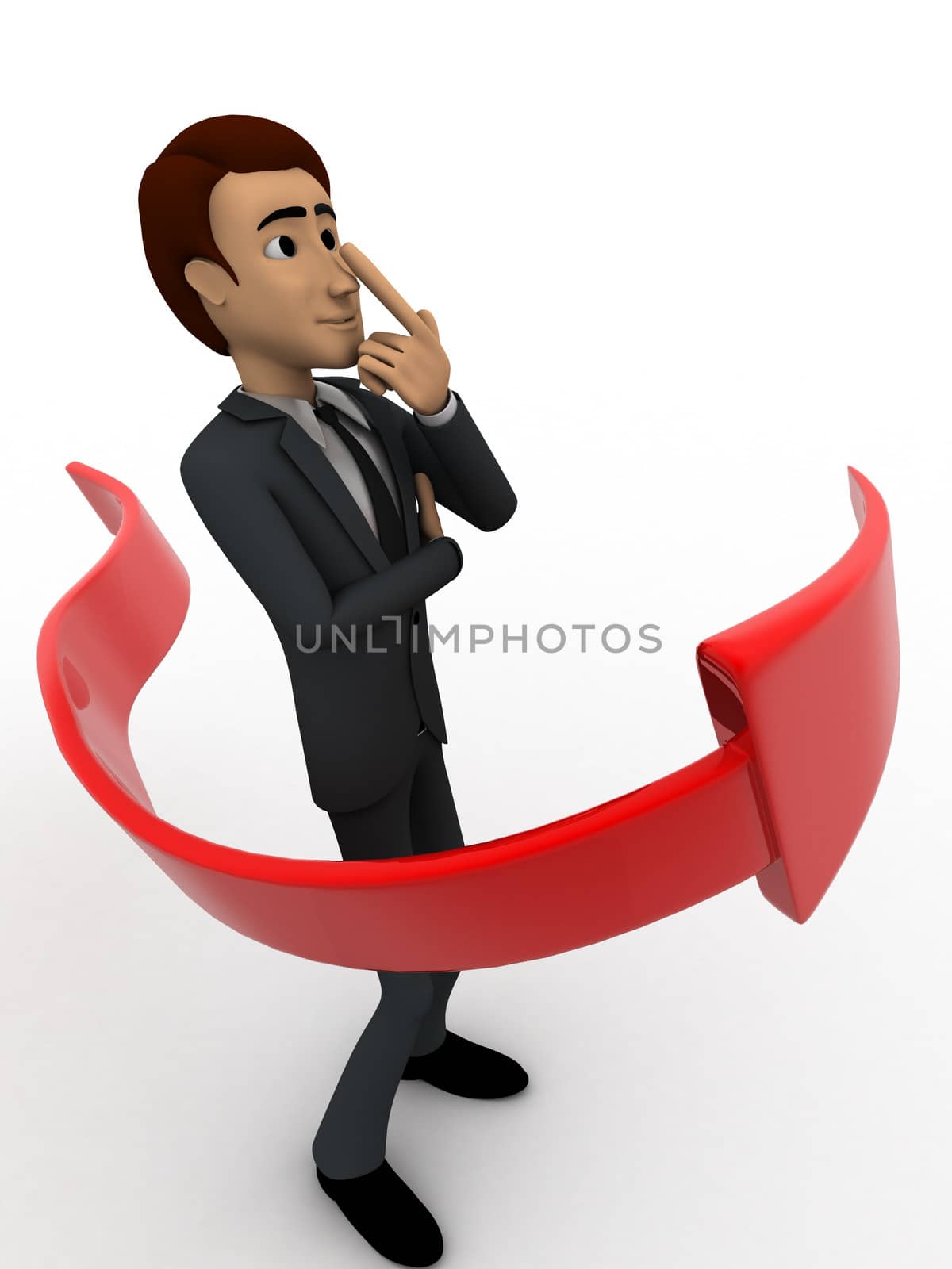 3d man thinking and arrow around hime concept on white background,  side angle view