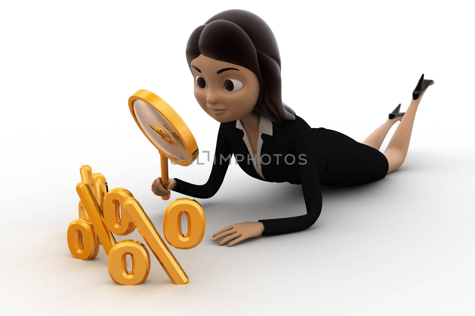 3d woman searching for percent giscount  using golden magnifying glass concept by touchmenithin@gmail.com