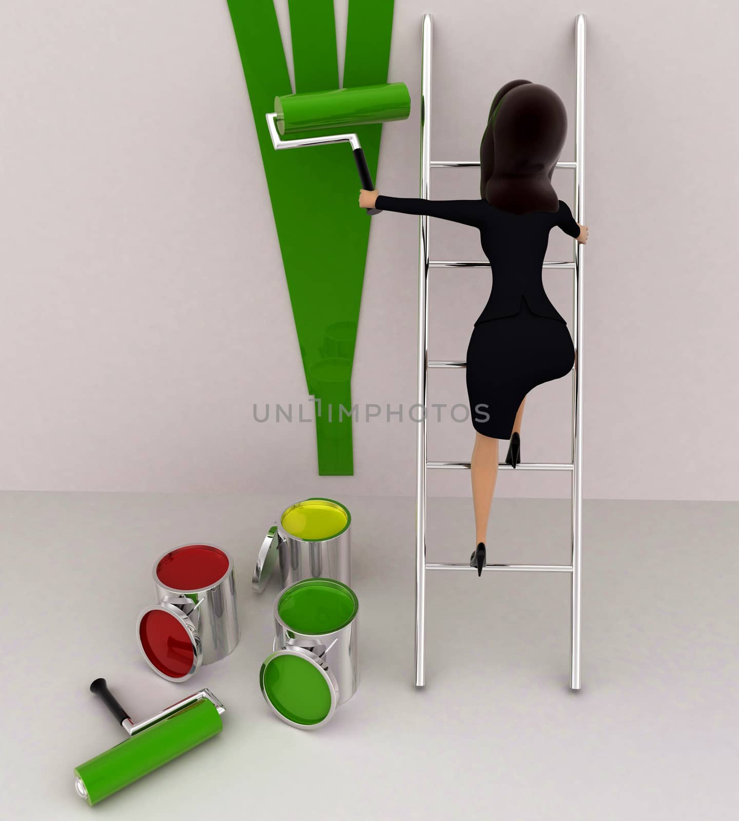 3d woman paint wall green using paint roller concept on white background, front angle view