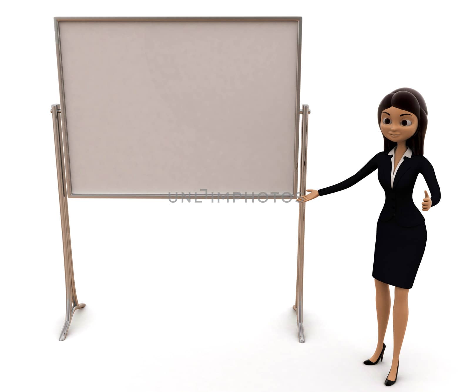 3d woman present presentation on white empty board concept on white background, front angle view