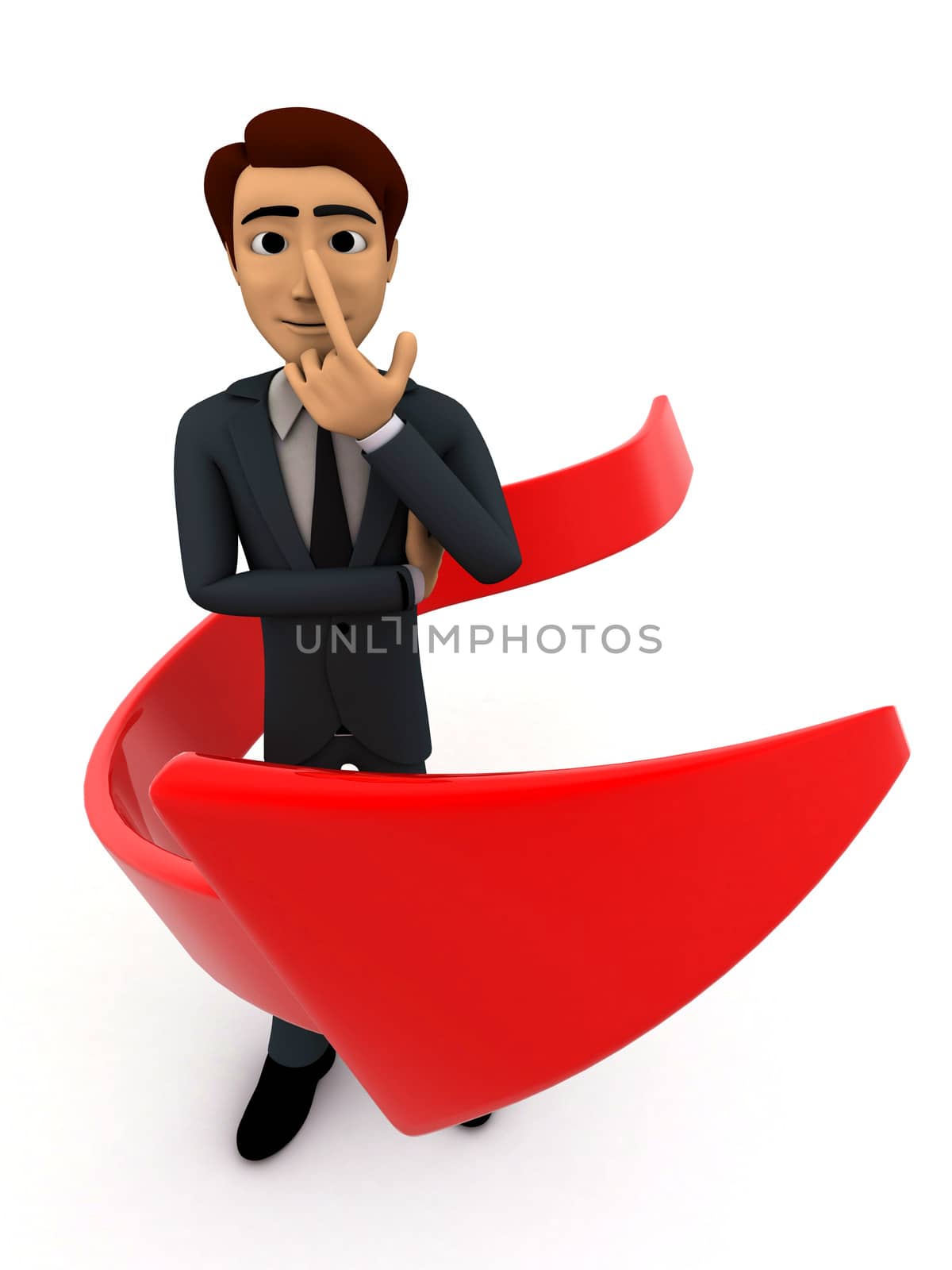 3d man thinking and arrow around hime concept on white background, front angle view