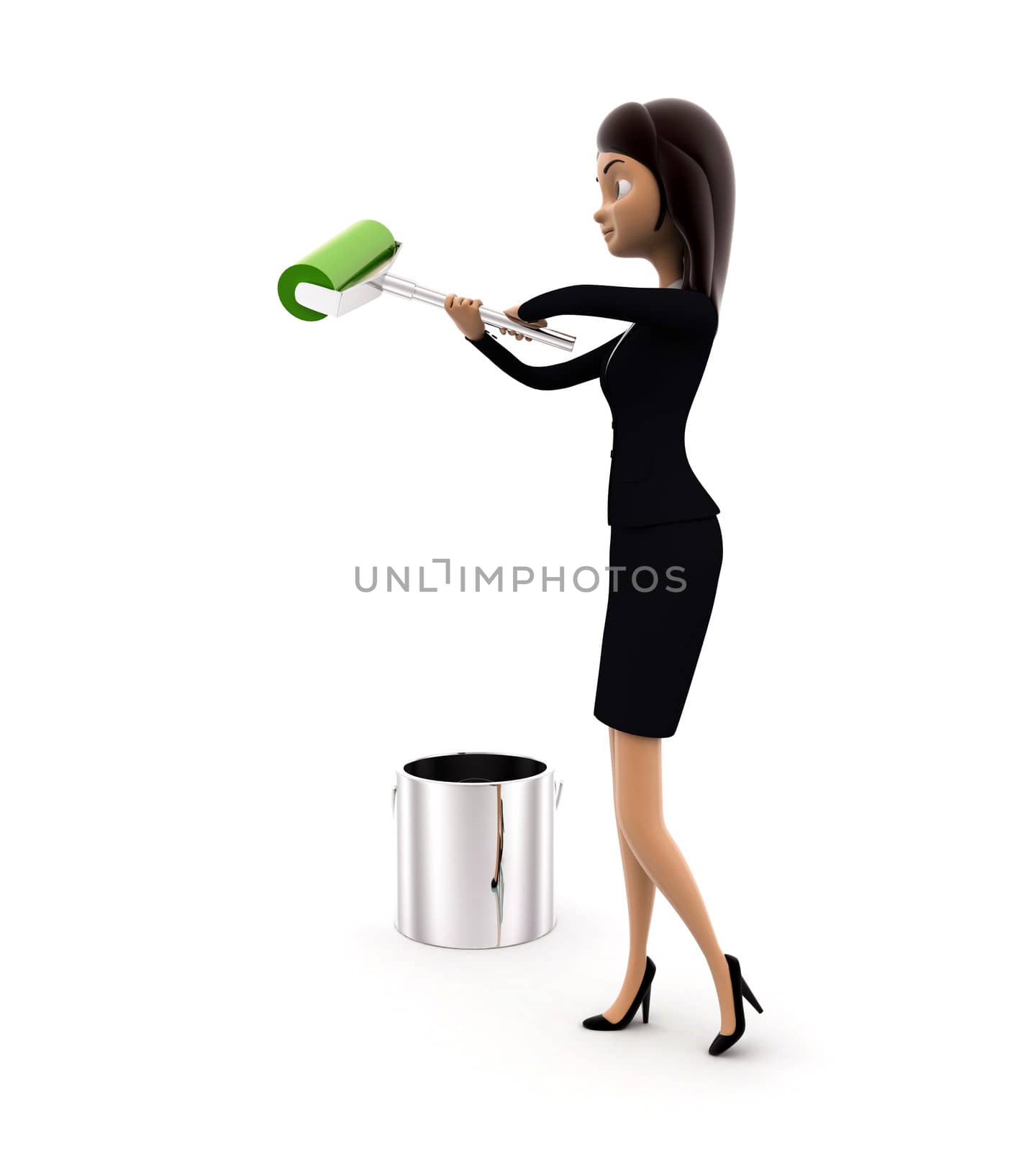 3d woman with green color paint bucket and paint roller concept by touchmenithin@gmail.com