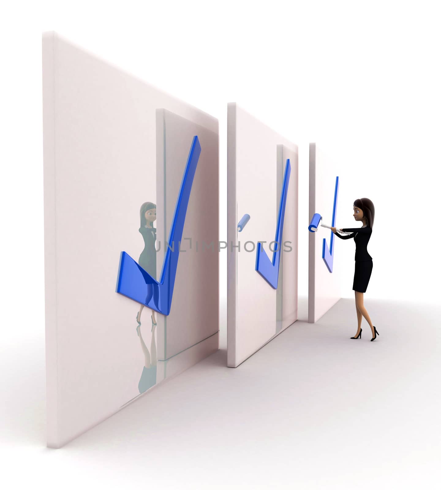 3d woman with three corrected big board concept on white background, side angle view