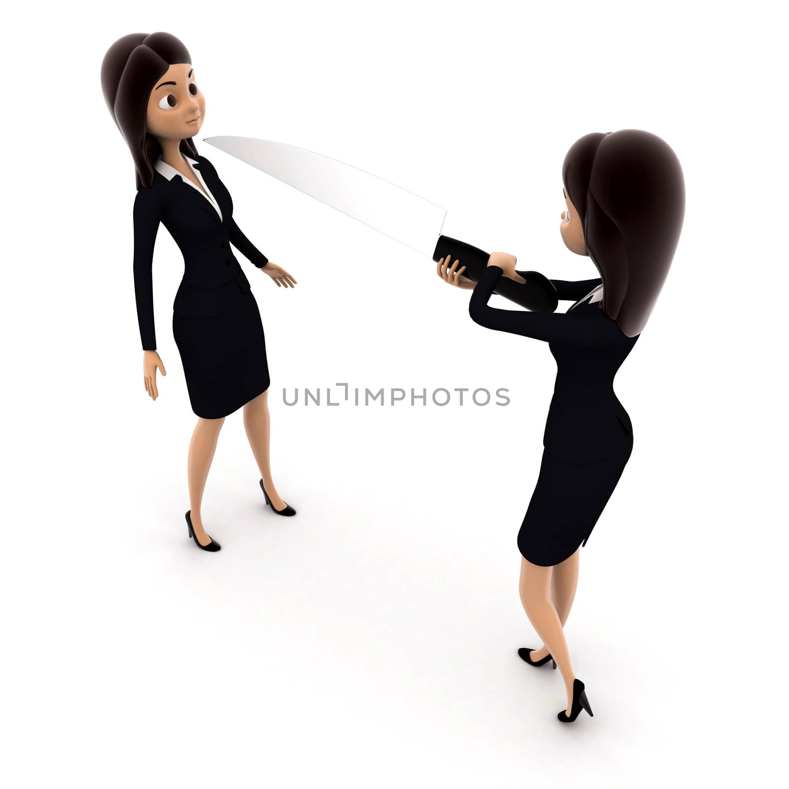 3d woman showing big knife to another woman concept on white background, top angle view