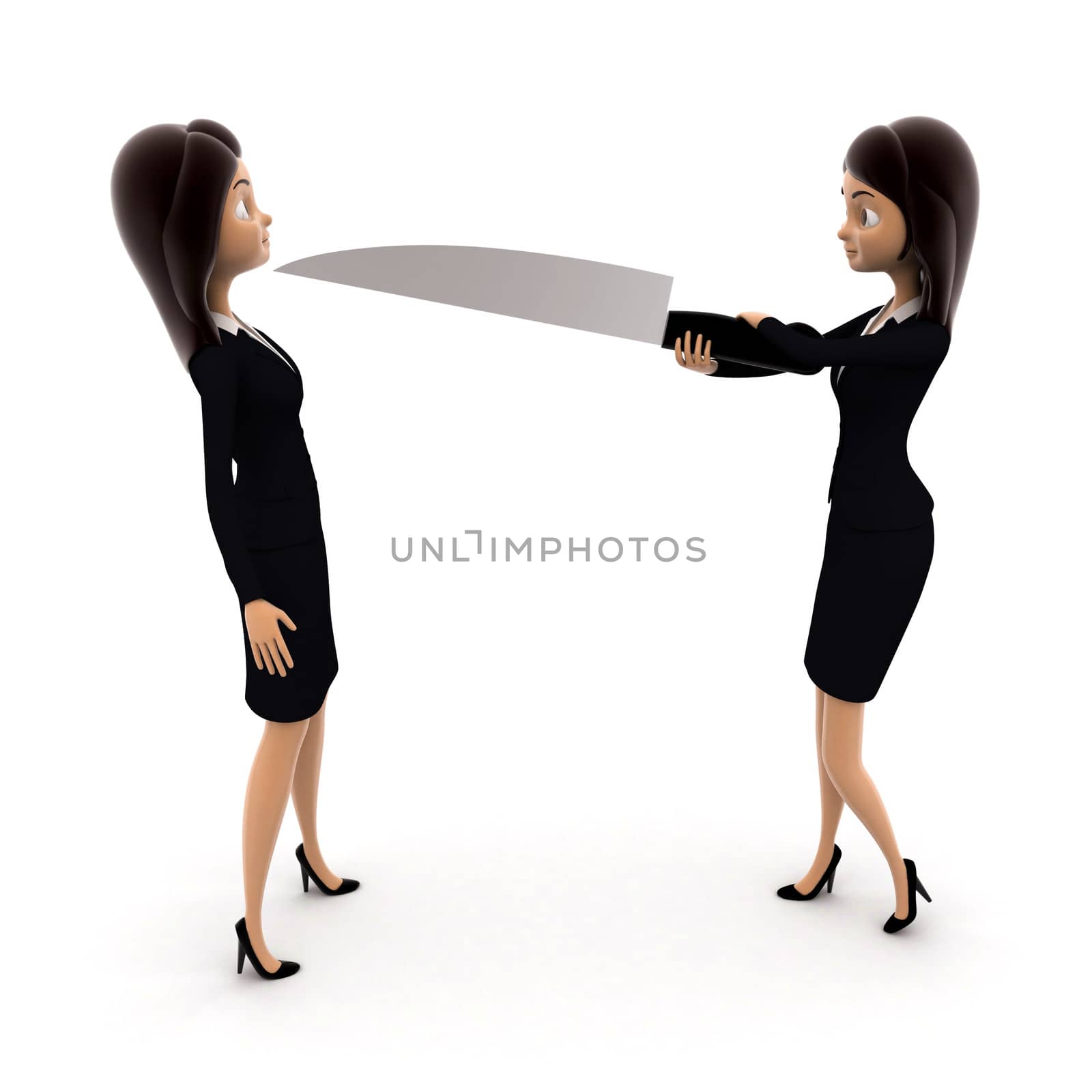 3d woman showing big knife to another woman concept on white background, side angle view