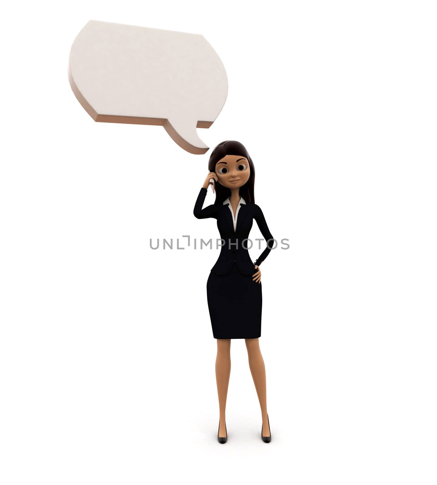 3d woman with white chat bubble concept on white background, front angle view