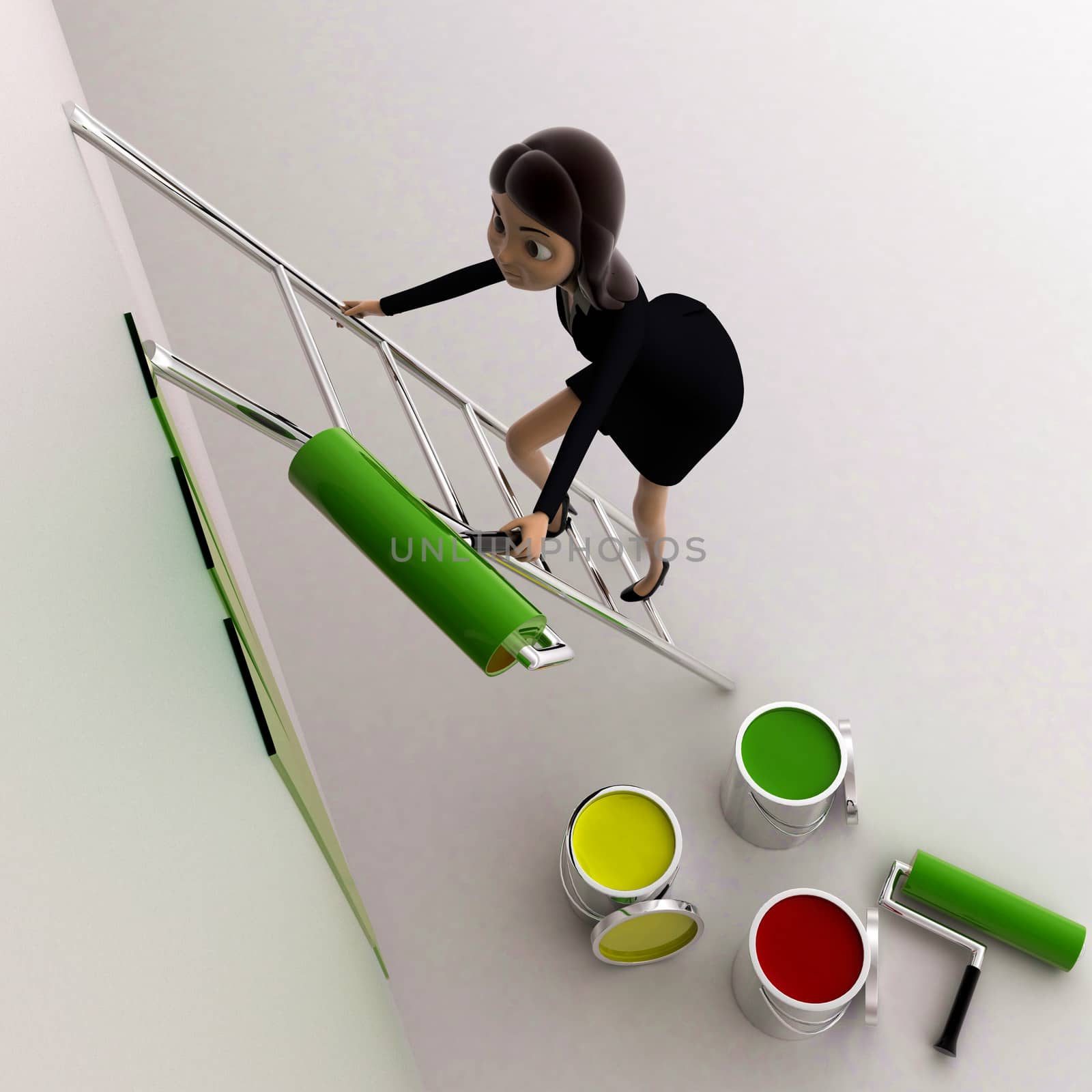 3d woman paint wall green using paint roller concept on white background, top angle view