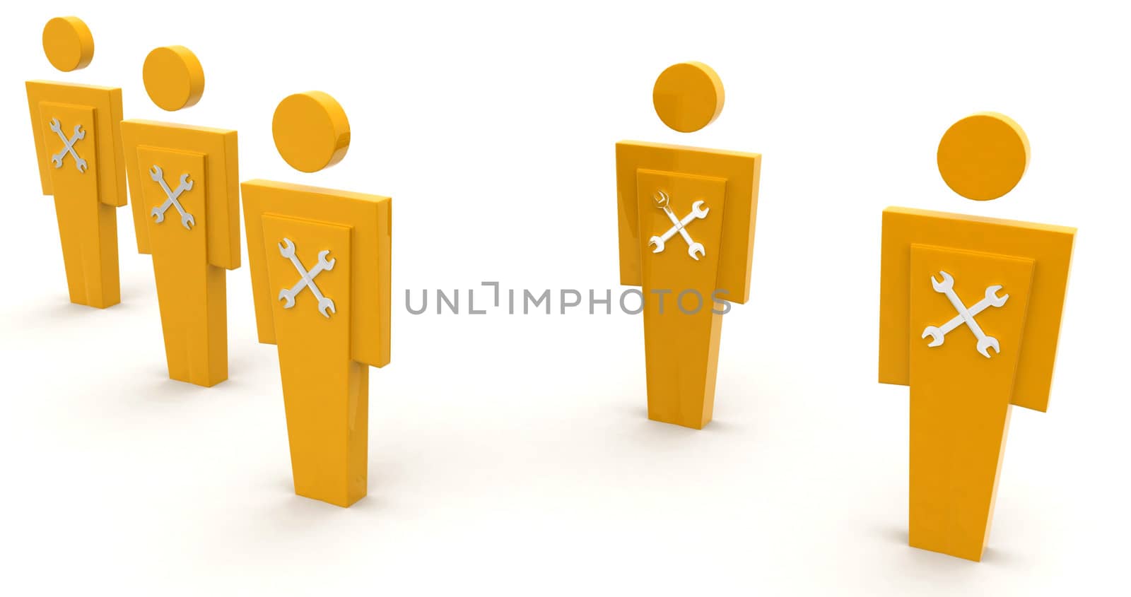 3d man with mechanical wrench symbol on  them concept on white background, front angle view