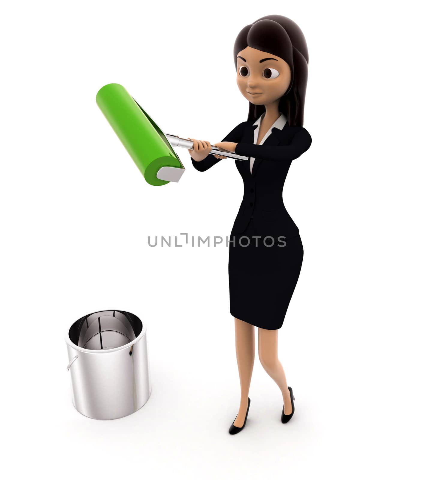 3d woman with green color paint bucket and paint roller concept on white background, side angle view