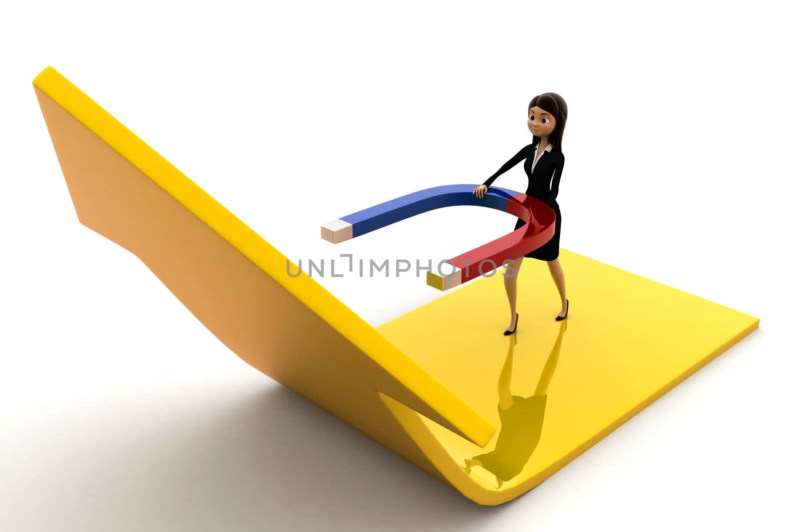 3d woman attract arrow up side using magnet concept on white background, front angle view