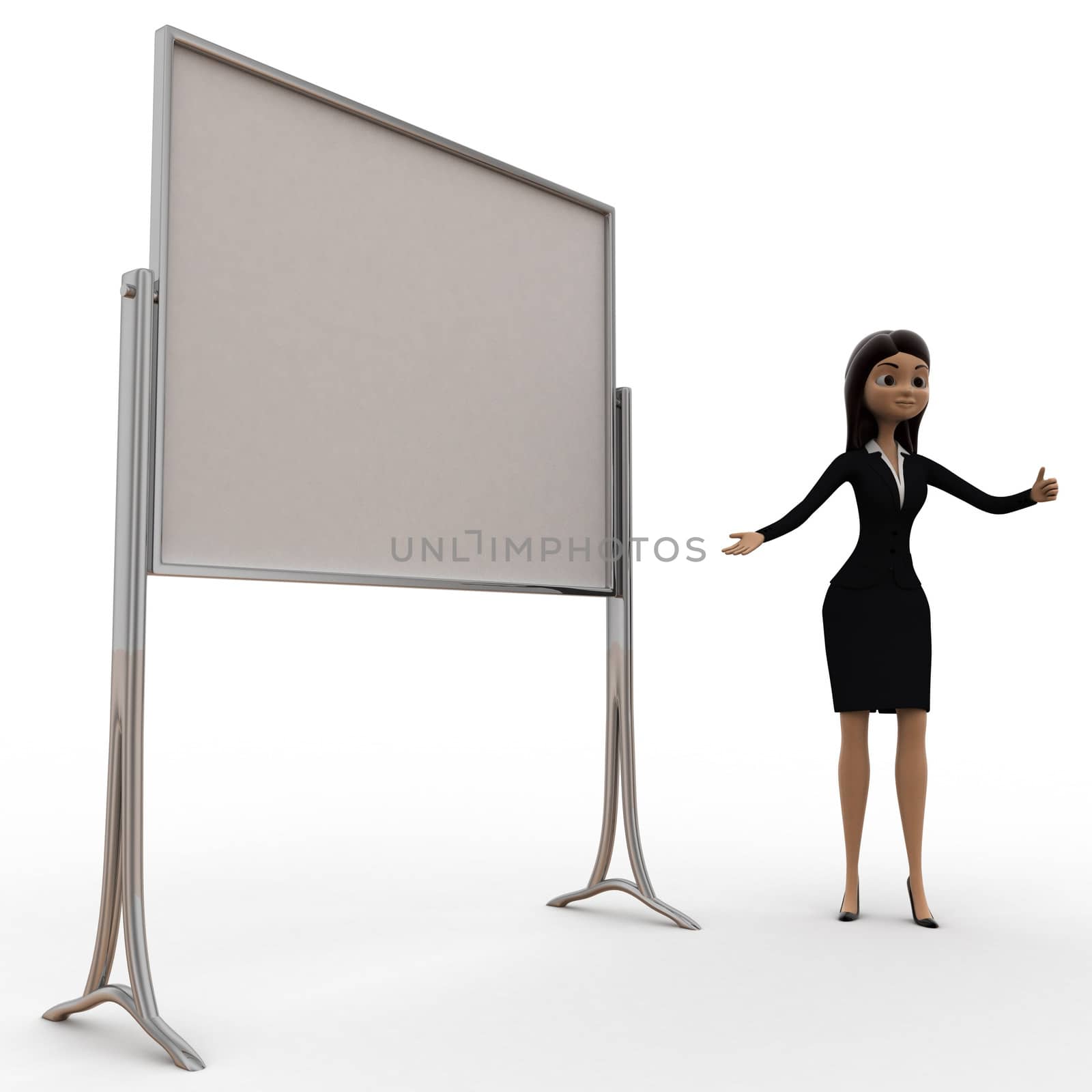 3d woman present presentation on white empty board concept by touchmenithin@gmail.com