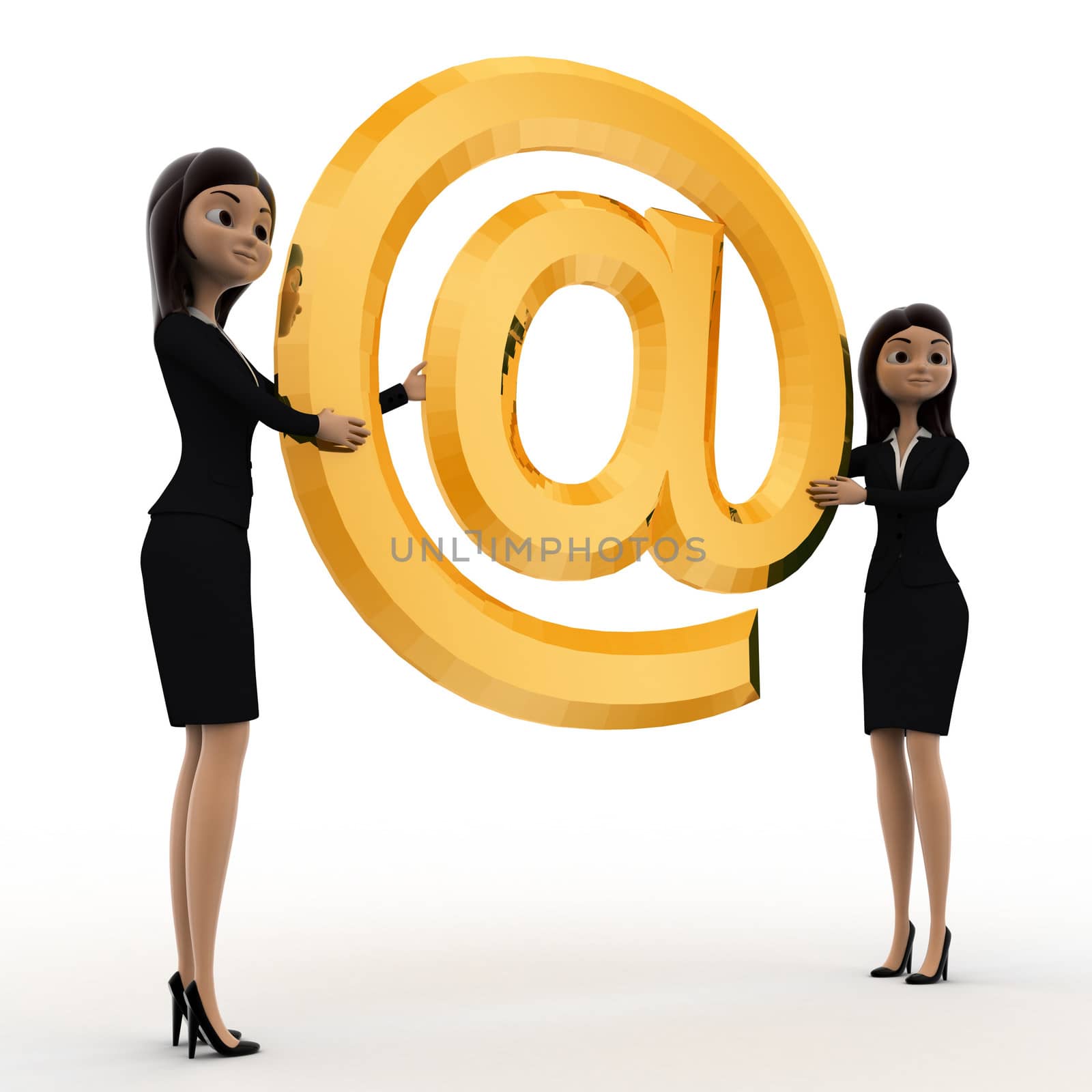 3d woman holding big golden email icon concept on white background, side angle view