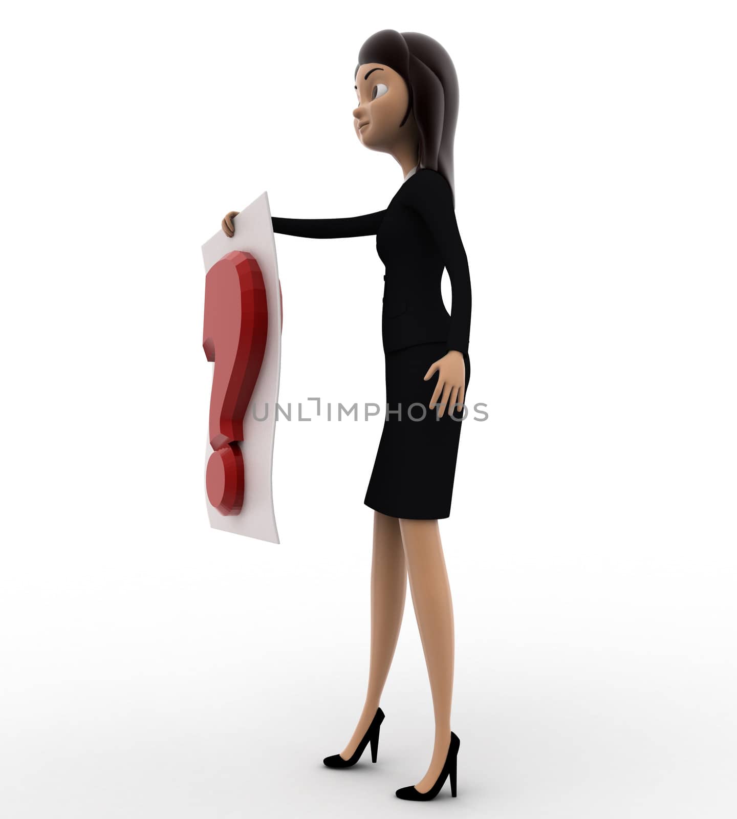 3d woman with question mark board concept on white background, side angle view