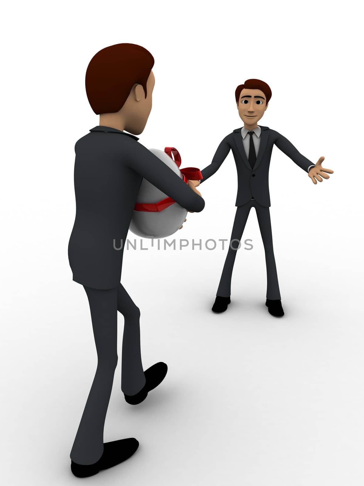 3d man welcoming and another person come with gift for him concept by touchmenithin@gmail.com