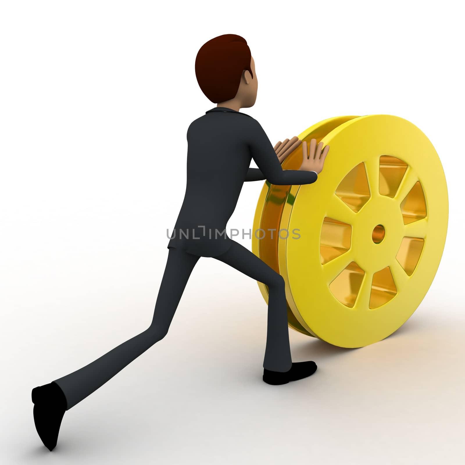 3d man rolling golden film reel concept on white background,  back angle view