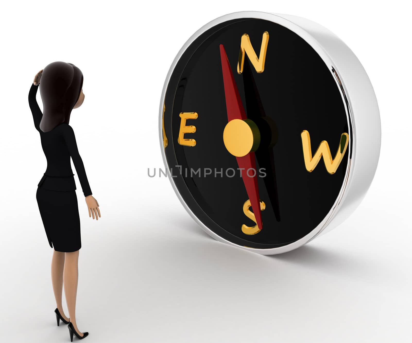 3d woman looks worried while looking direction on compass concept on white background, side angle view