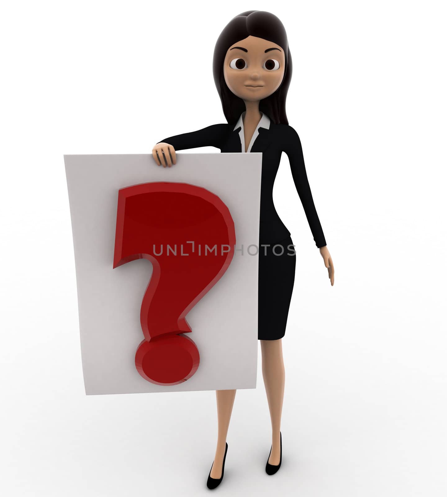 3d woman with question mark board concept on white background, front angle view
