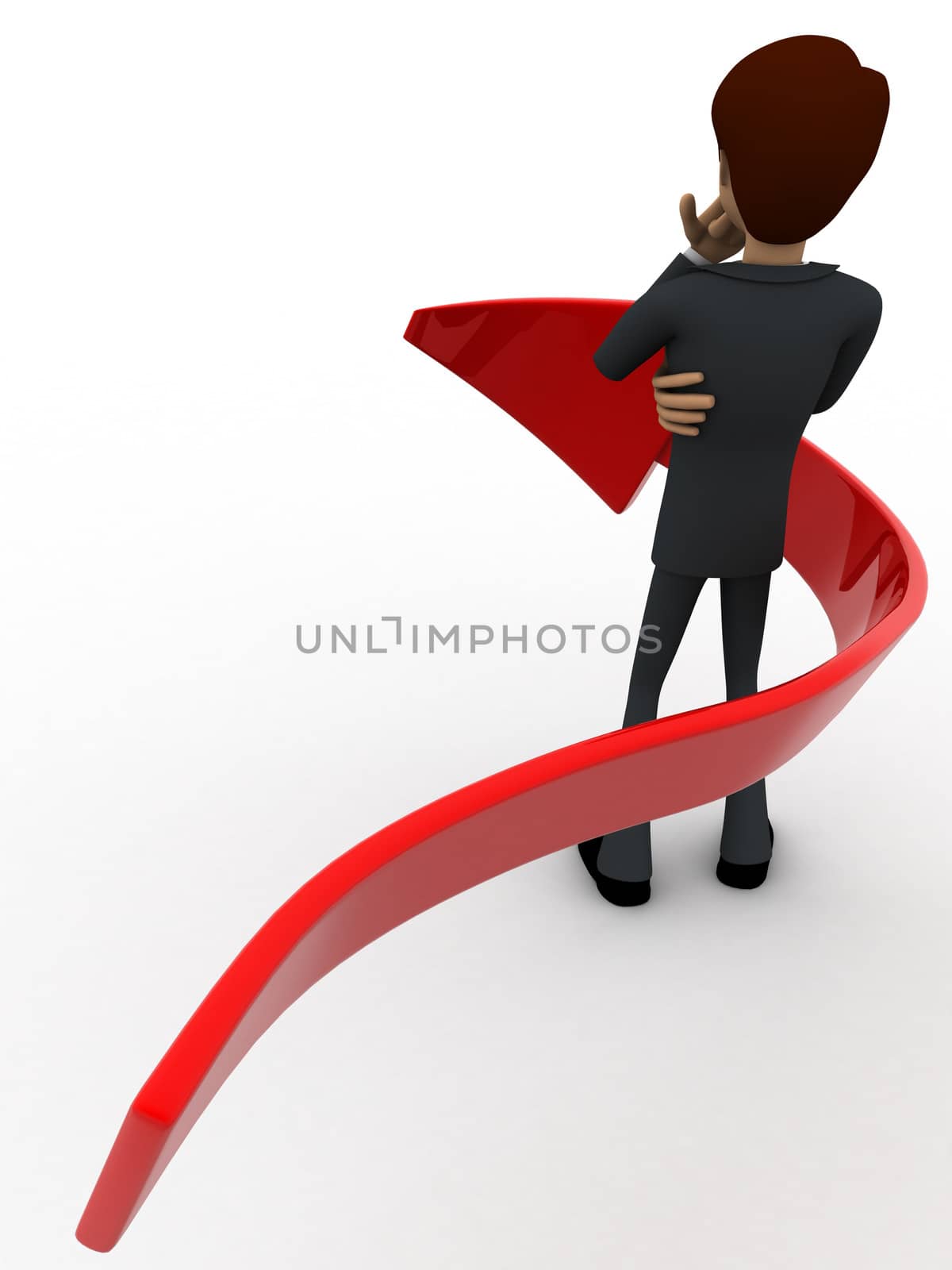 3d man thinking and arrow around hime concept on white background, back angle view