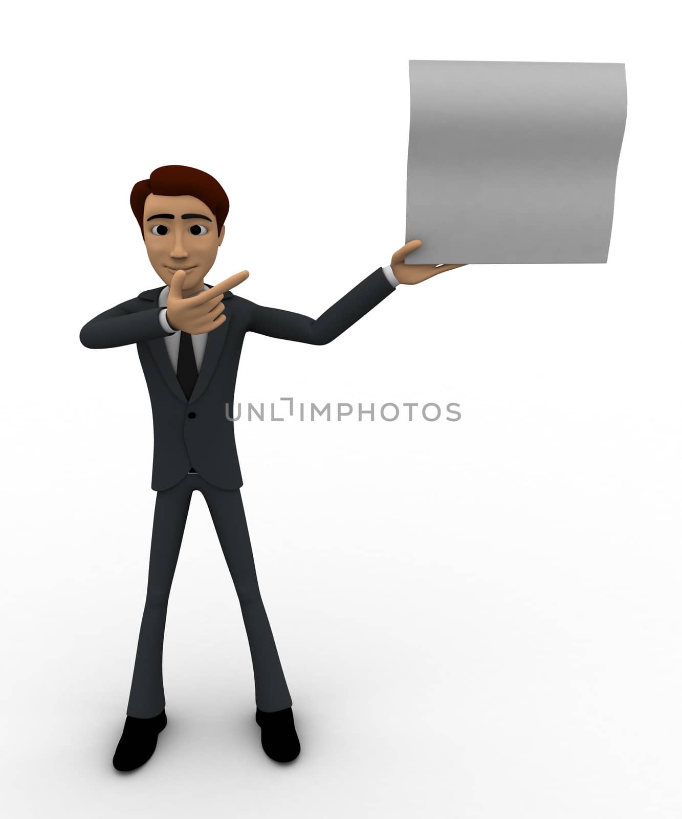 3d man showing empty paper in one hand and point with another hand concept by touchmenithin@gmail.com