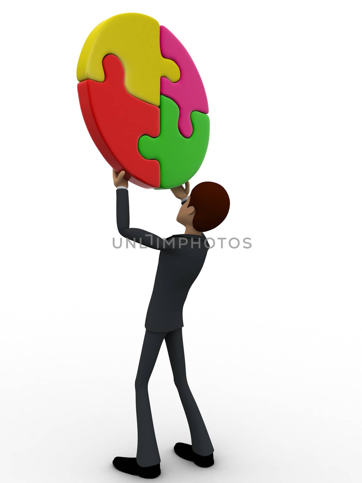 3d man holding four connect circular puzzle pieces concept on white backgorund, back angle view