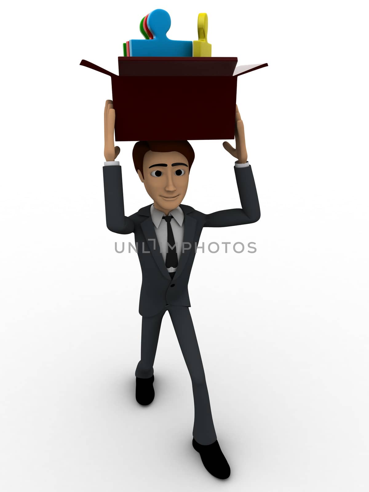 3d man holding box of puzzle pieces on head concept by touchmenithin@gmail.com