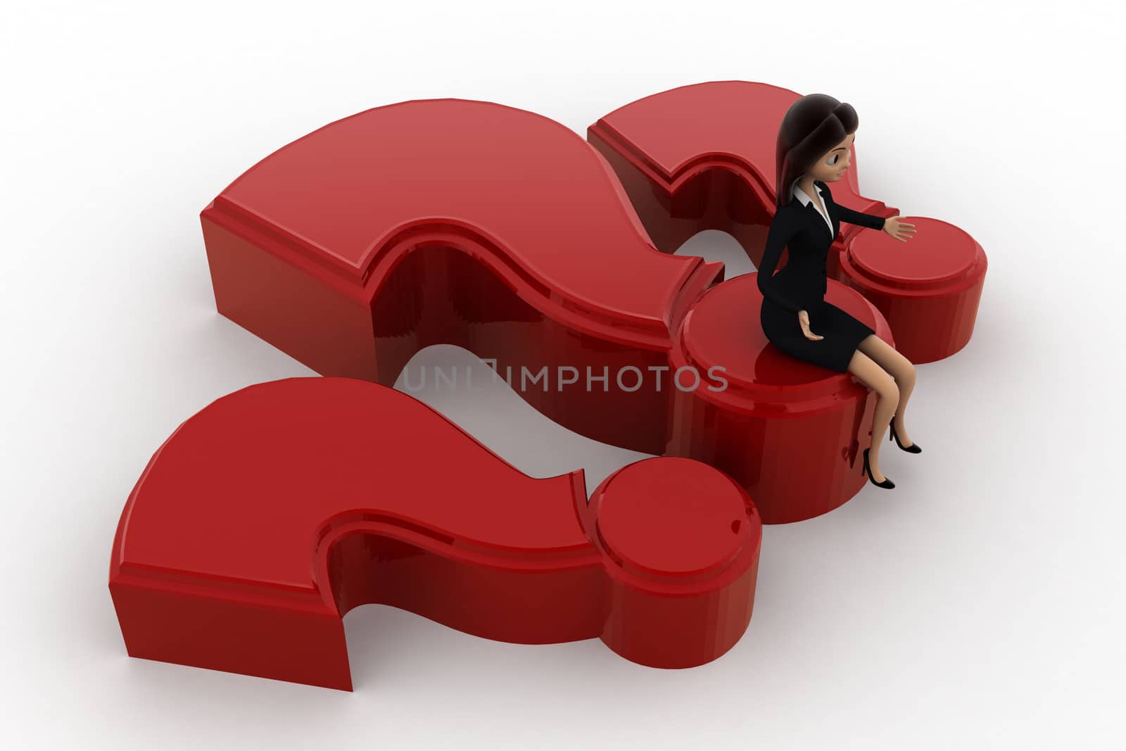 3d woman sitting on big red question makr concept by touchmenithin@gmail.com