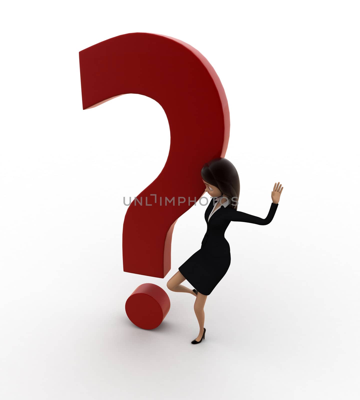 3d woman kicking dot of question mark concept on white background, top angle view