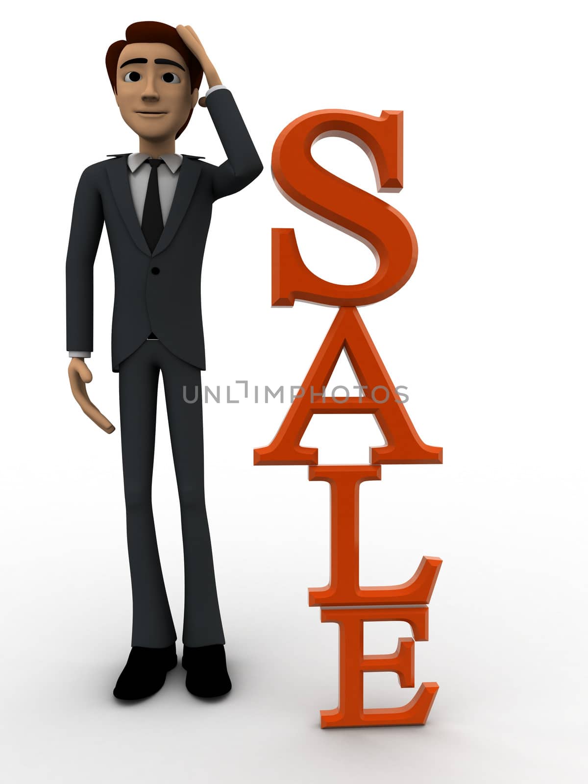 3d man tjinking near vertical sale text concept on white backgorund, front angle view