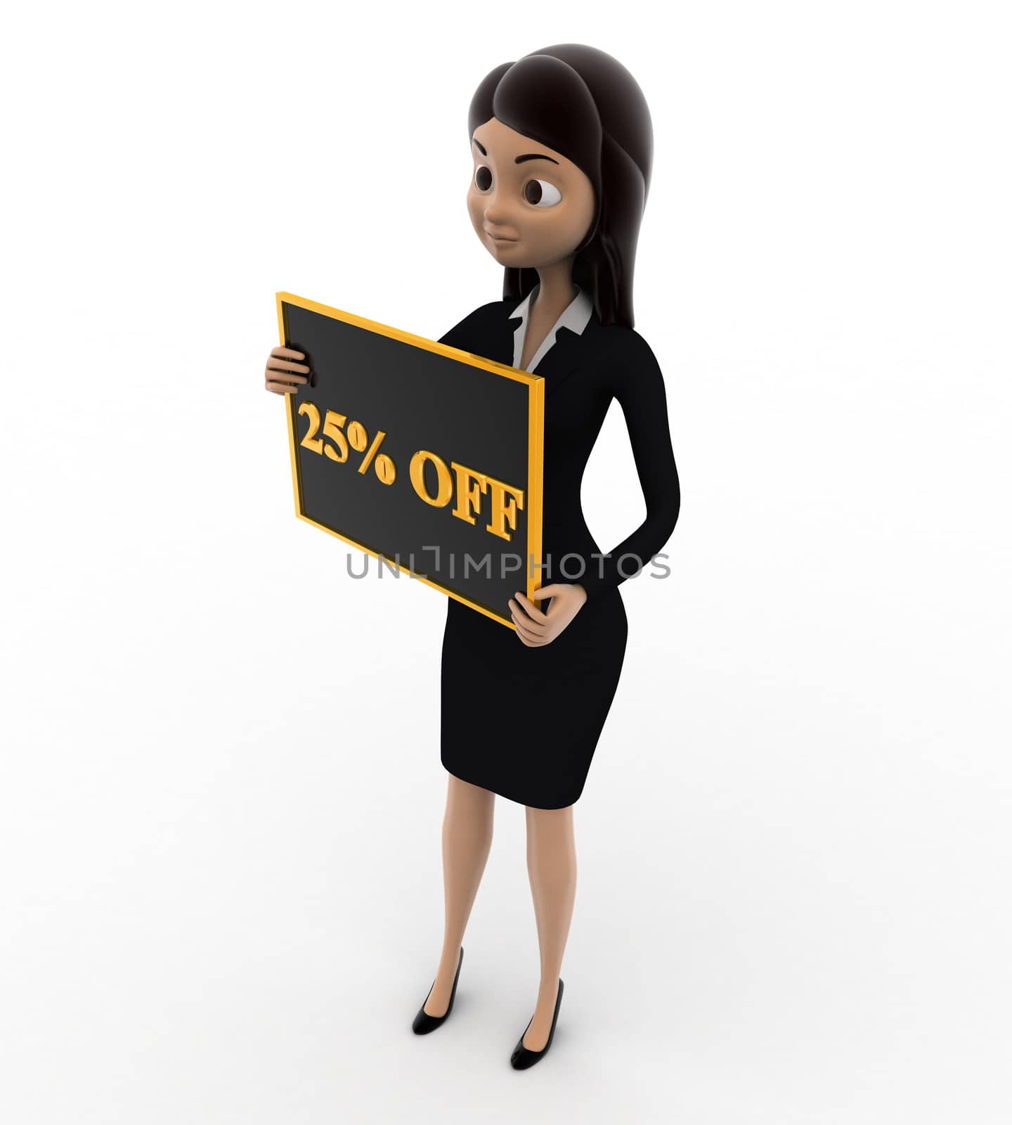 3d woman holding 25 percentage discount board in hand concept on white background, sideangle view