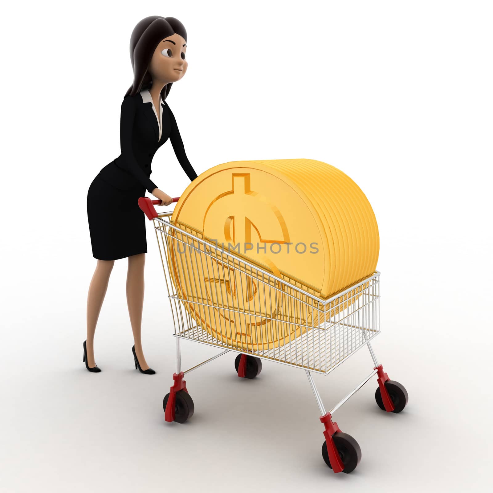 3d woman draw cart with golden coin of dollar concept on white background, front angle view