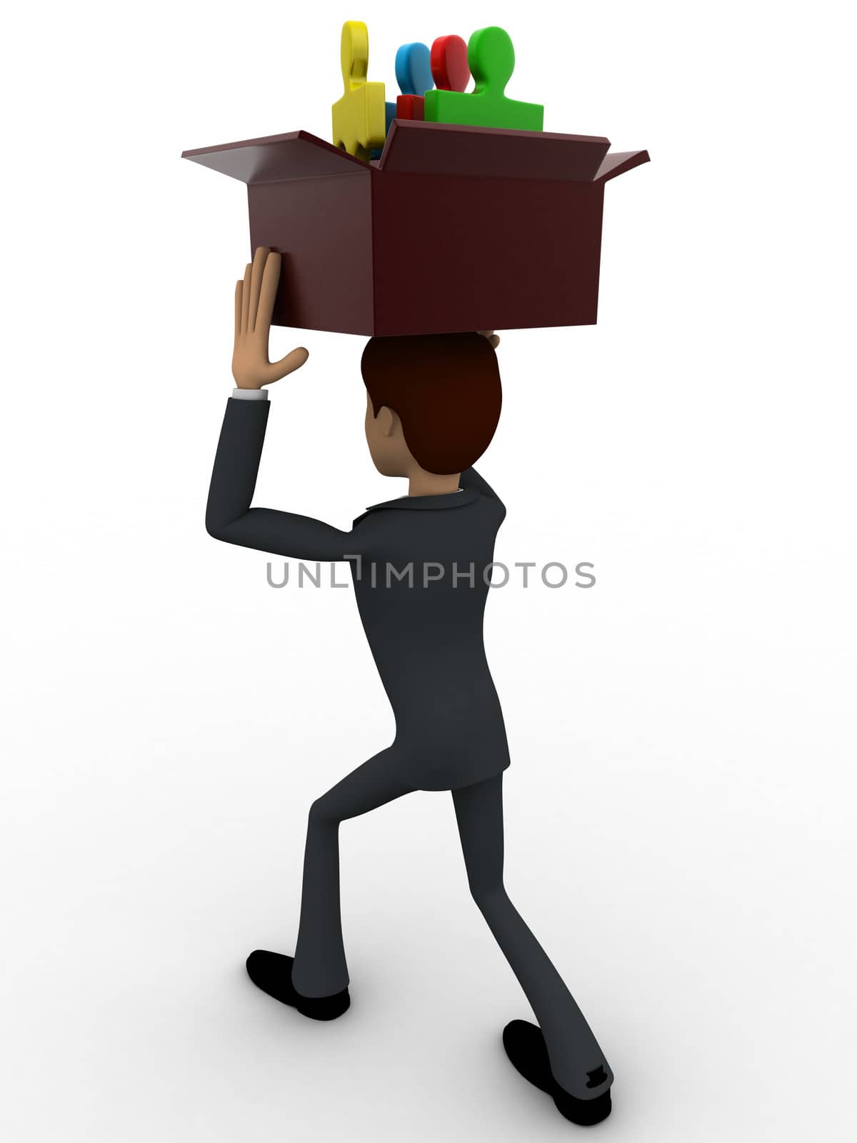 3d man holding box of puzzle pieces on head concept on white backgorund, back angle view