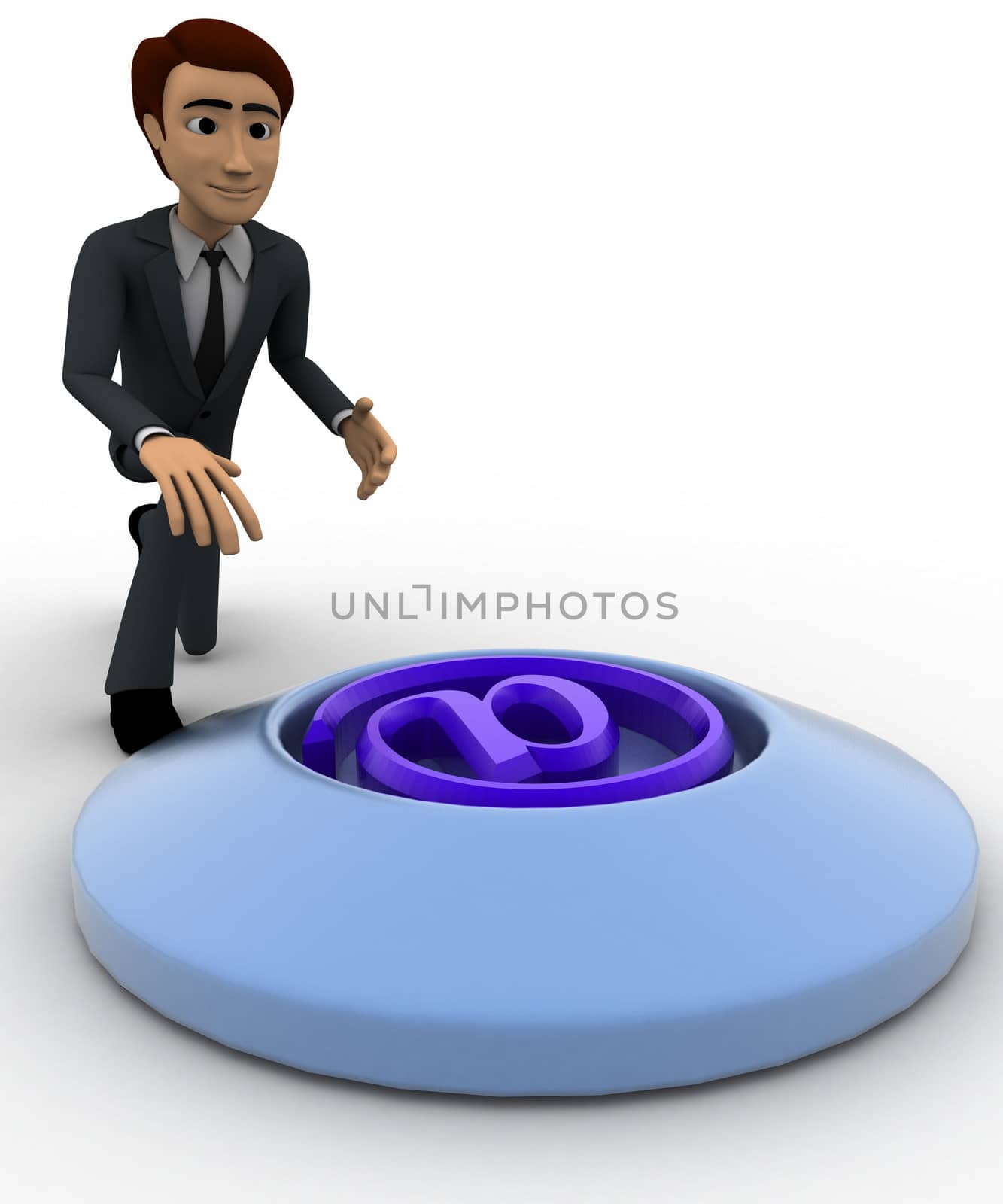 3d man press button with email icon concept on white backgorund, left side angle view
