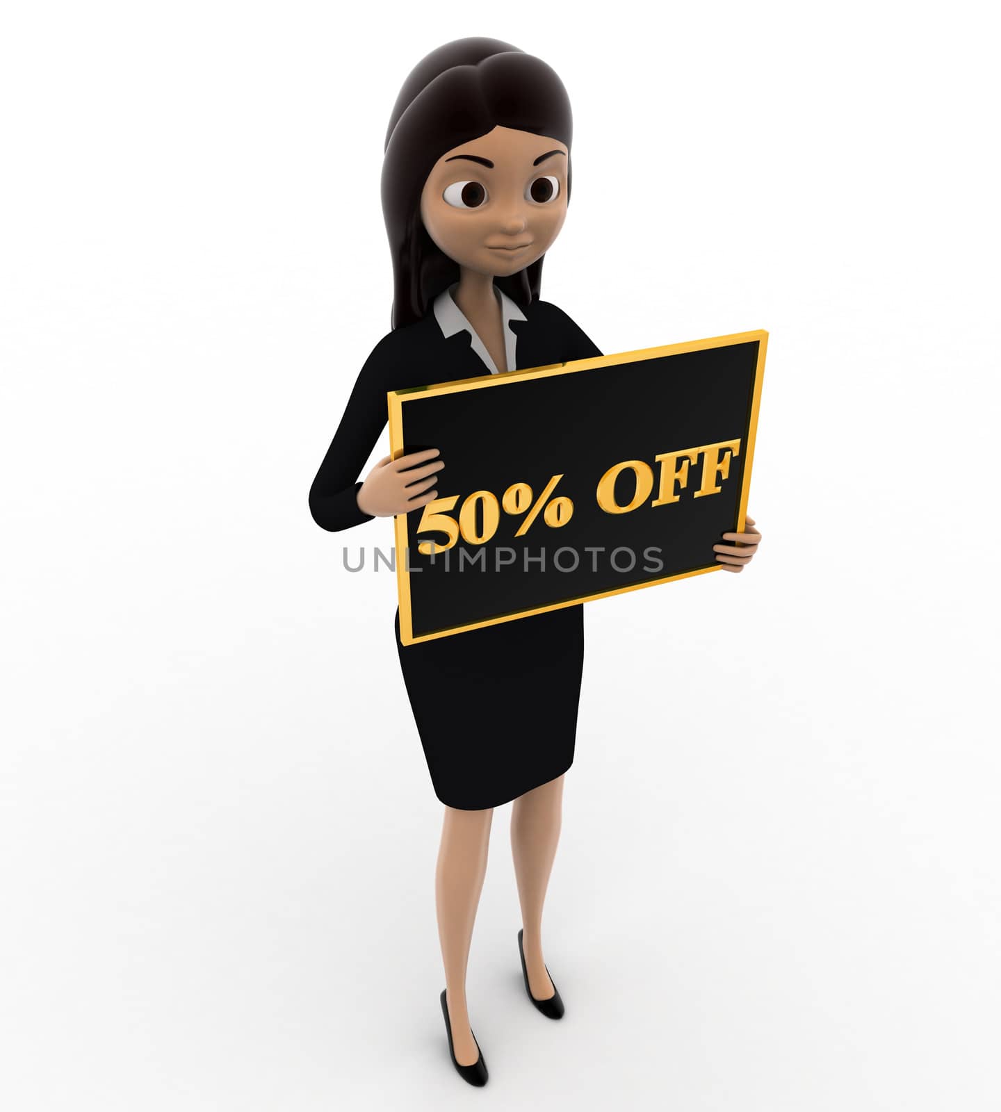 3d woman holding 50% off board in hnad concept by touchmenithin@gmail.com