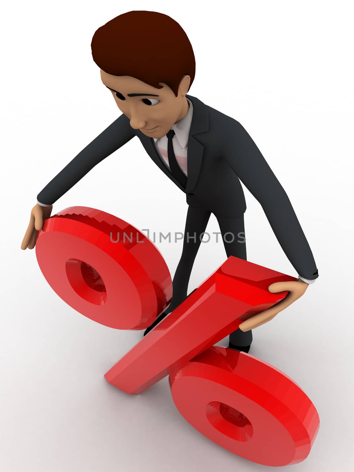 3d man holding red percent symbol in hand concept on white backgorund, top angle view