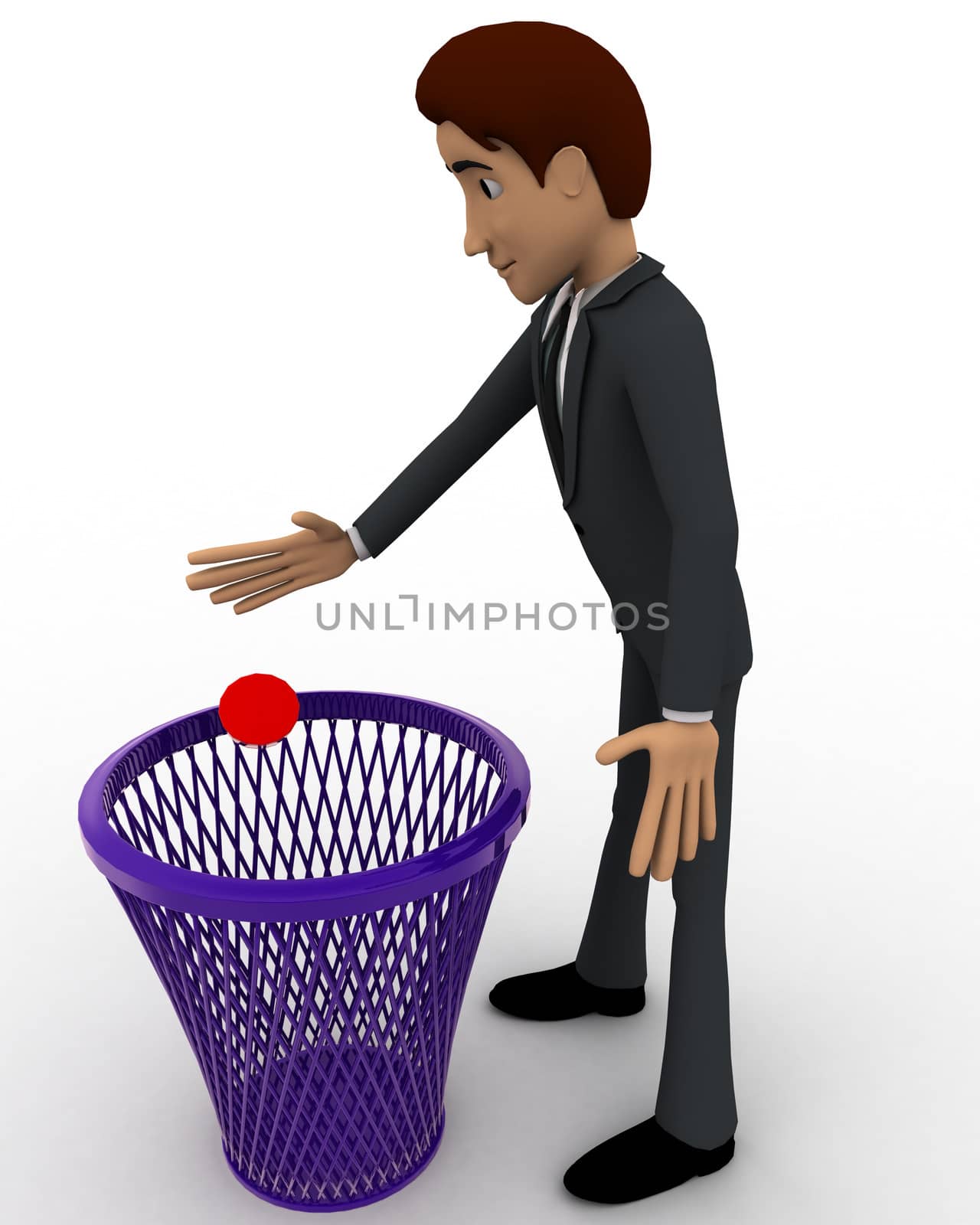 3d man throughing waste in dustbin concept on white backgorund, side angle view