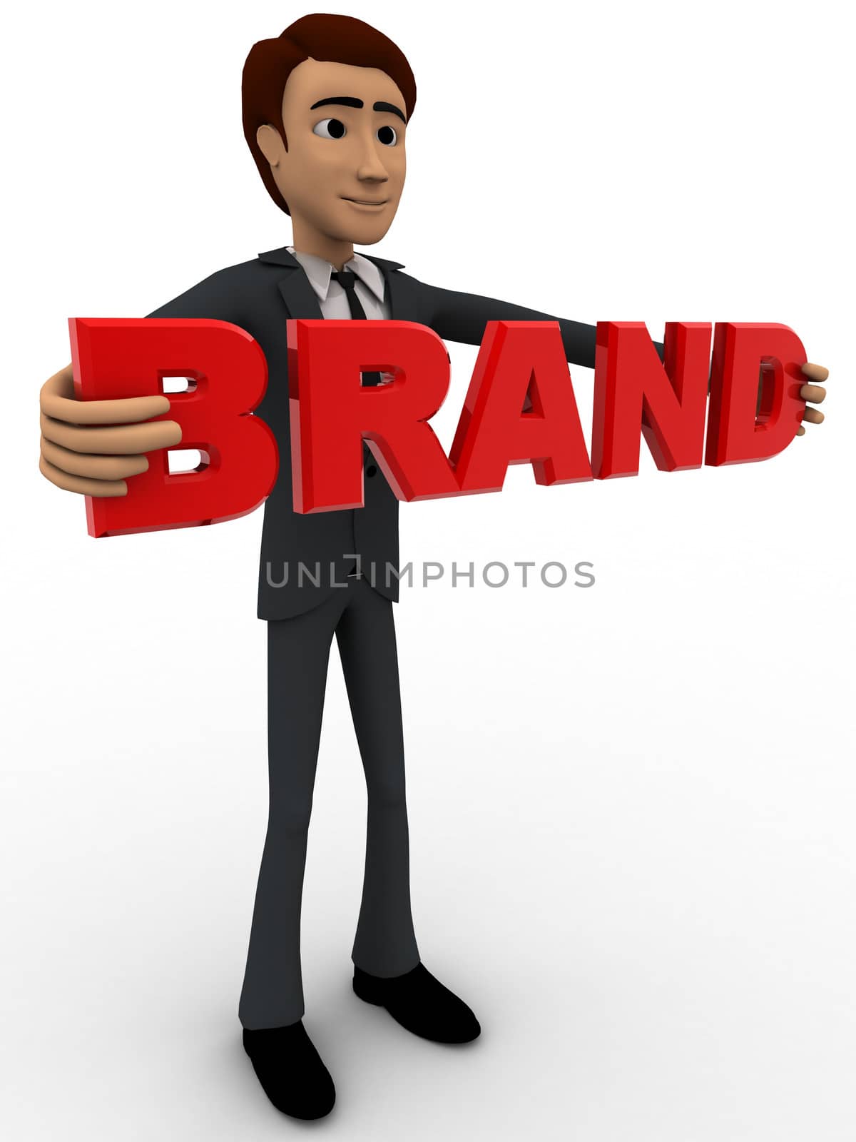 3d man holding brand text concept on white backgorund, left side angle view