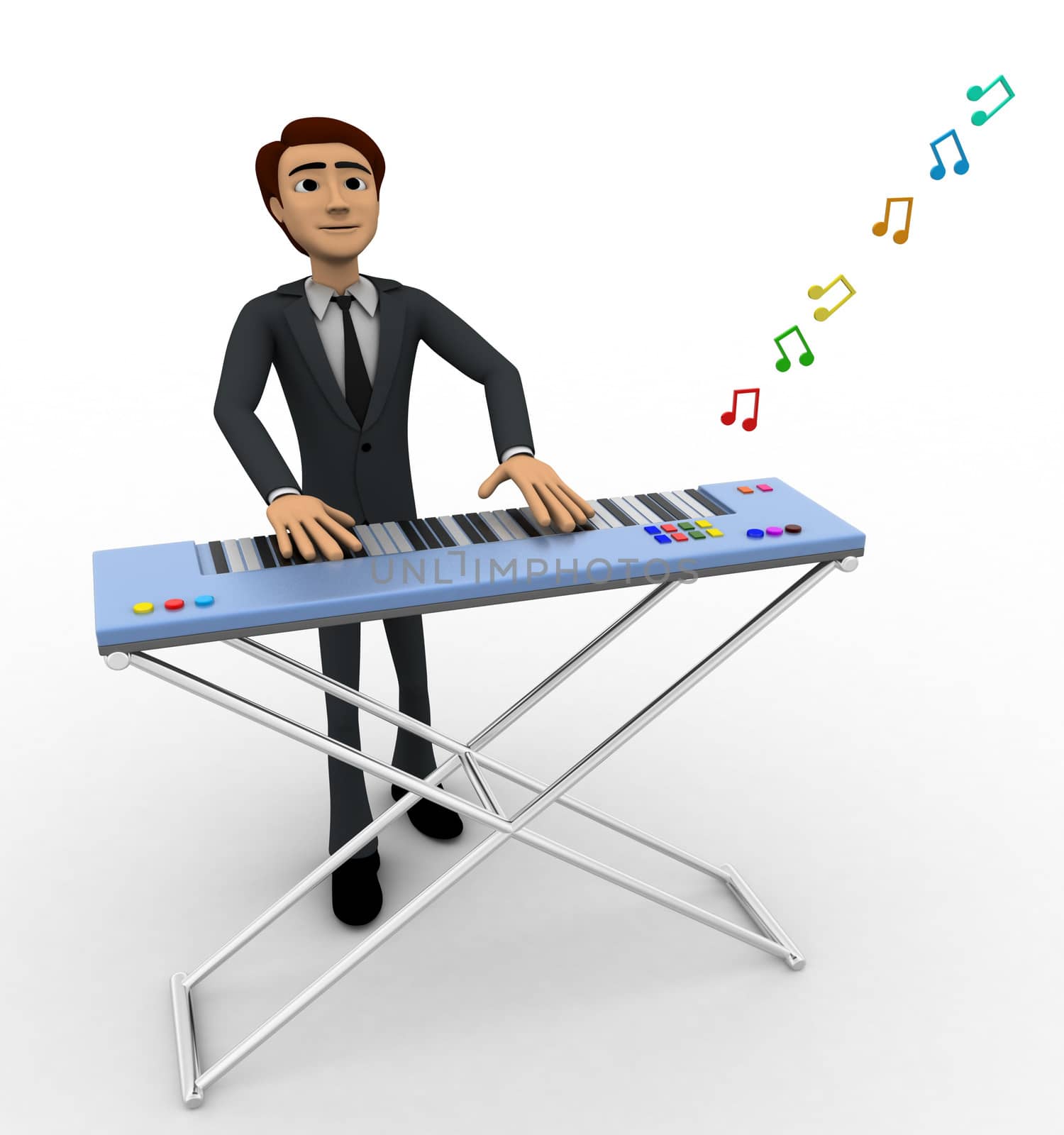 3d man play morden musical keyboard concept on white backgorund, front angle view