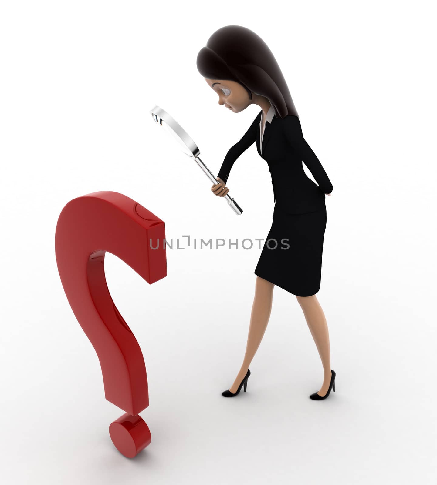 3d woman examine question mark using magnifying glass concept by touchmenithin@gmail.com