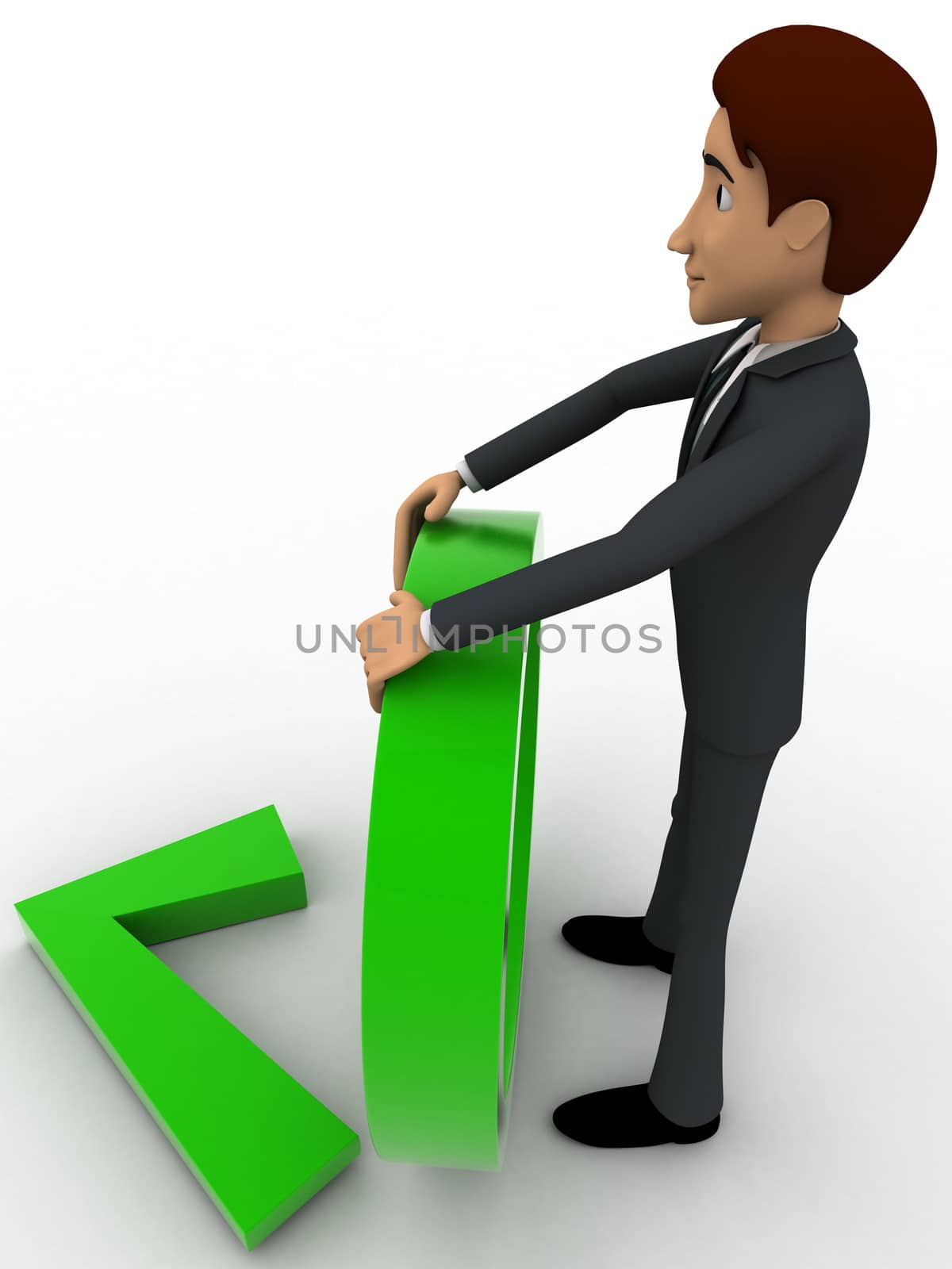 3d man holding circle and green right symbol concept on white backgorund, side angle view