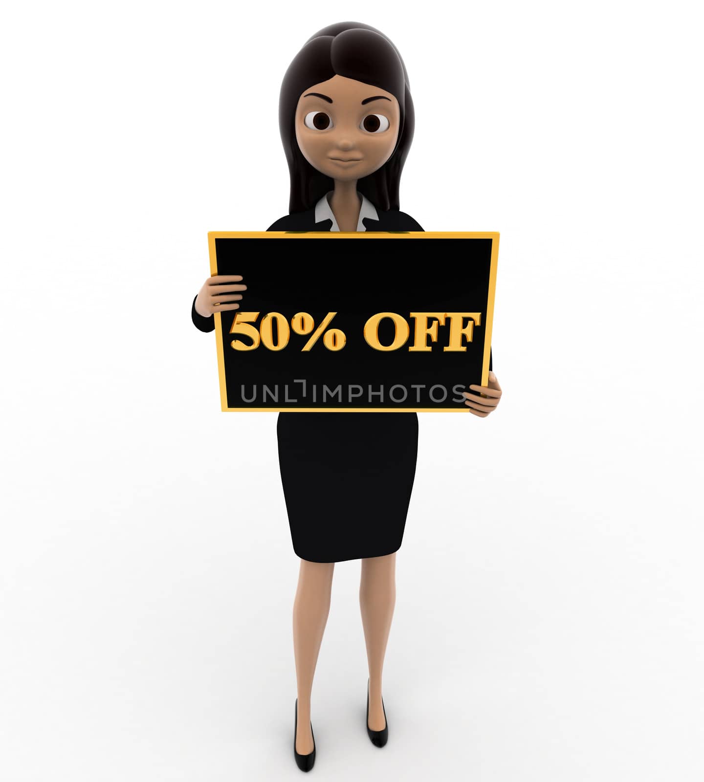 3d woman holding 50% off board in hnad concept on white background, front angle view