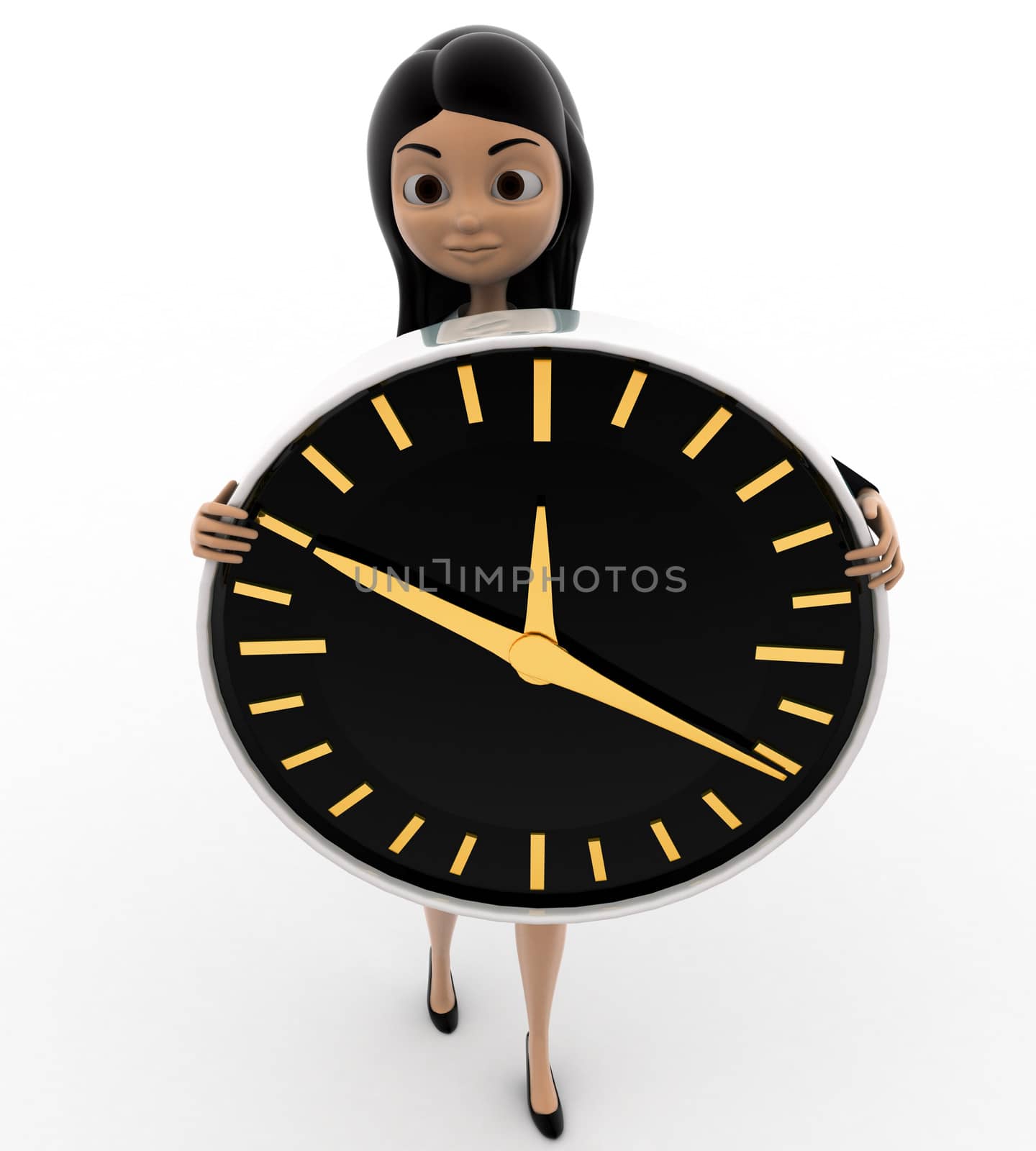 3d woman holding big clock in hand concept on white background, front angle view