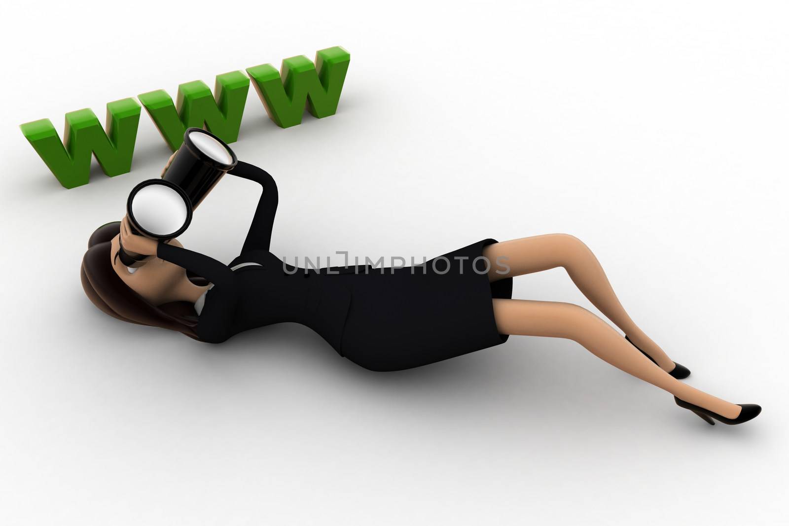 3d woman lying on floor and looking for website thourgh binocular concept by touchmenithin@gmail.com