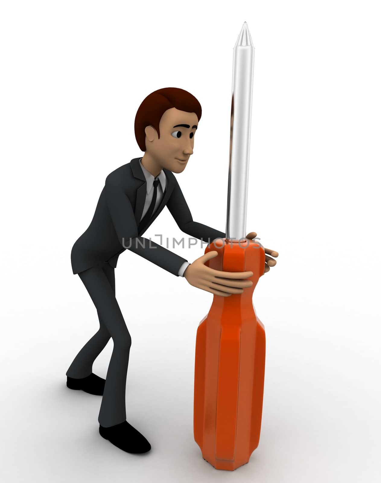 3d man holding big screw driver concept on white backgorund, side angle view